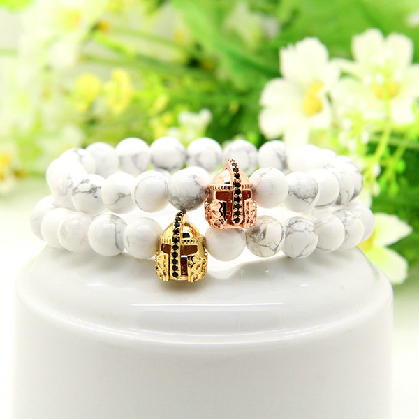 10pcs/lot 8mm Natural White Howlite Marble Stone Fashion Roman Warrior Helmet Micro Pave Black CZ Spartans Bracelets