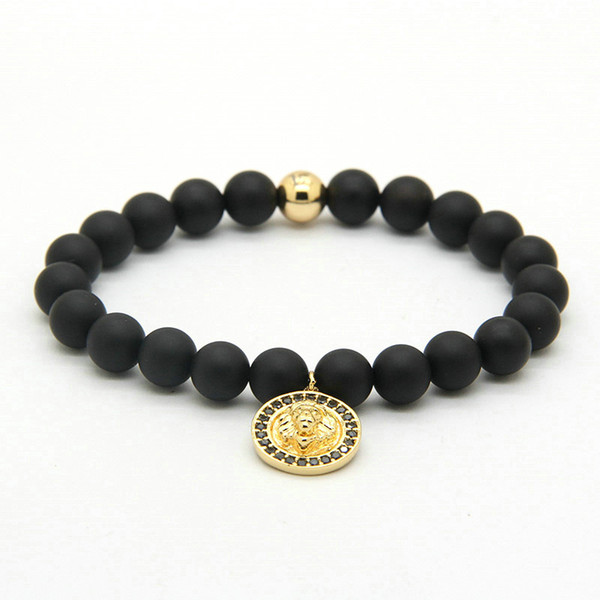 Wholesale 10pcs/lot Mens Energy Jewelry Micro Pave CZ Lion Head Charm Bracelets with 8mm Black Matte Agate Stone Beads