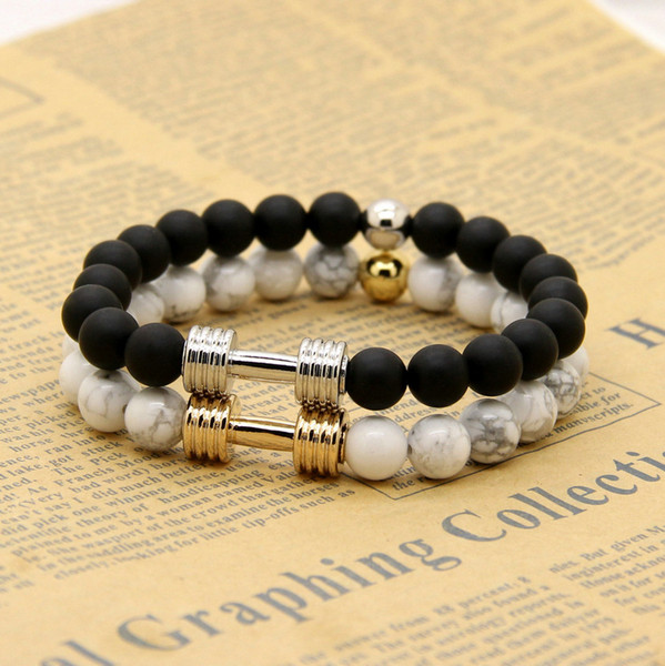 Hot Sale 1PCS Real Gold&Platinum Plated Metal New Barbell & 8mm Stone Beads Fitness Fashion Dumbbell Bracelets