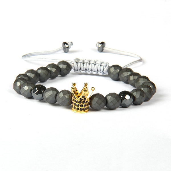 Black Cz Crown Charm Men Macrame Bracelet Wholesale 8mm Faceted Matte Hematite Stone Beads Jewelry