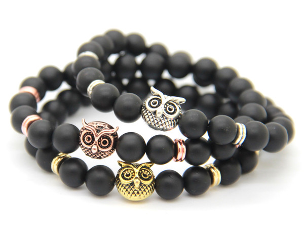 2016 New Design Mens Beaded Bracelets Wholesale 8mm Natural Matte agate Alloy Owl pendant Bracelet & BaBeads Owl Eagle Bracelets Party Gifts