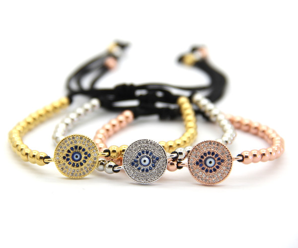 2016 Fashion Jewelry Brand New Braided Macrame Bracelets, 4mm High quality Bronze Beads Knit 12mm Round Blue Eye Cubic Zirconia Beads