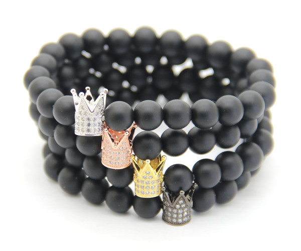 2016 New Design High Grade Jewelry Wholesale, 8mm Black Matte Agate Stone Beads with Micro Inlay Clear Zircon Crown Bracelet