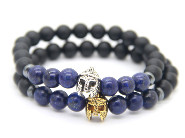 New Design 8mm Matte Agate & Lapis Lazuli Beads with Roman Warrior Helmet Bracelet Fashion Spartan Jewelry for Mens Gift