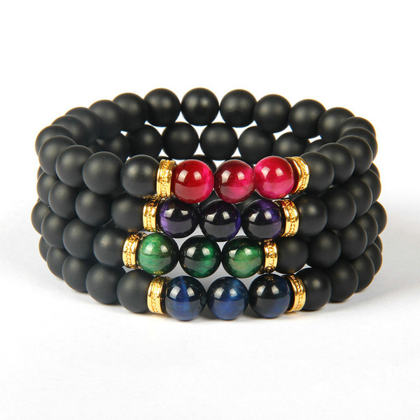 Mens Summer Bracelets Wholesale Top Quality 8mm Black Matte Onyx Stone with Tiger Eye Beads Beaded Bracelet