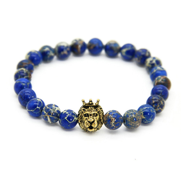 1PCS New Design 8mm Blue Sea Sediment Stone Beads With Mix Color Lion Head Hero Bracelets, Mens Jewelry,Nice Gift