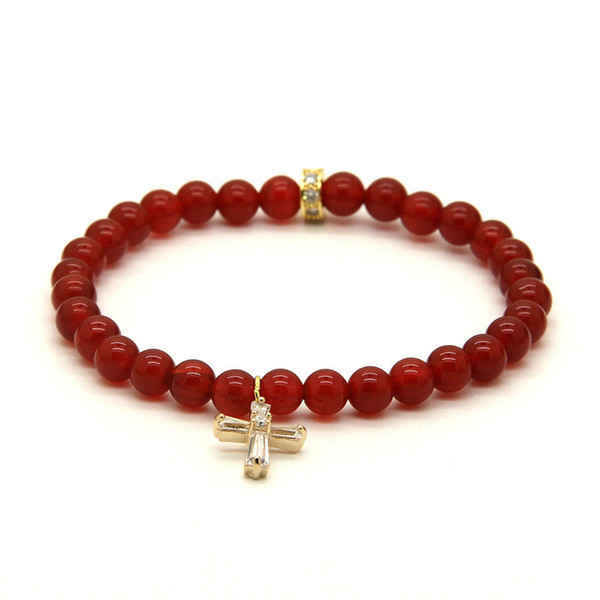 Wholesale 10pcs/lot Summer Bracelets 6mm Grade Natural Red Agate with Clear Cross Cz Beads Bracelets