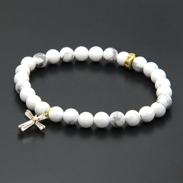 Easter Wholesale 10pcs/lot 6mm Natural White Howlite Marble Stone Beads with Micro Paved Clear Zircons Spacer Cz Beads Cross Bracelets