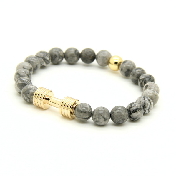 Wholesale Real Gold&Platinum Plated Metal New Barbell & 8mm Grey Picture Jasper Stone Fitness Fashion Dumbell Bracelets