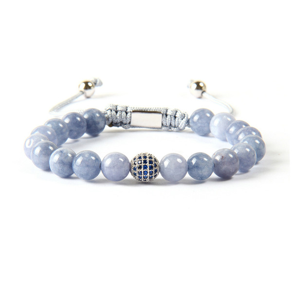 Ailatu Brand Jewelry Wholesale 8mm Natural Blue & White Howlite Marble Stone Beads Blue Cz Ball Mens Beaded Macrame Bracelet