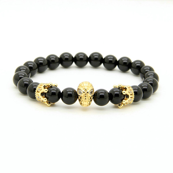 Fashion Spider-man Men's Bracelet 8mm A Grade Black Onyx Stone Beads With Crown Fine Men Women Charms Jewelry