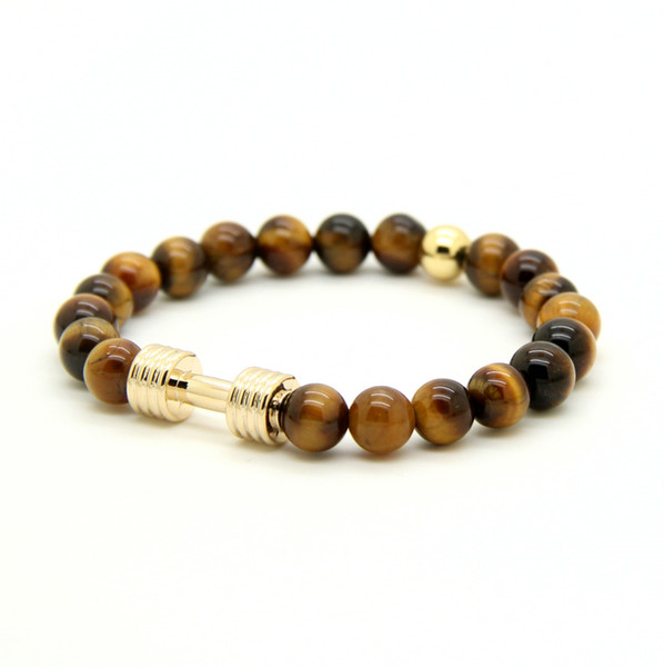 Wholesale Real Gold&Platinum Plated Metal New Barbell & 8mm A Grade Tiger eye Stone Fitness Fashion Dumbell Bracelets