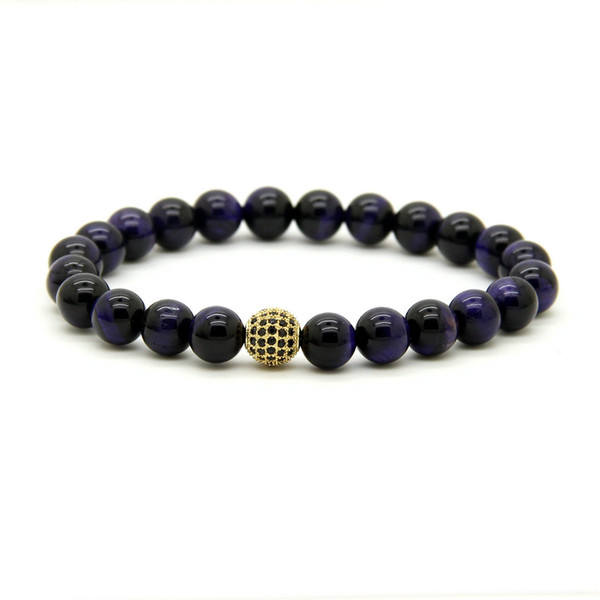 10pcs/lot Hot Sale Exquisite Micro Paved Black Cz Ball Jewelry 8mm A Grade Purple Tiger Eye Stone Beads Bracelet