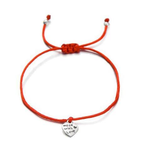 Made With Love Heart Bracelets - Adjustable Bracelets Lucky Red String Bracelets Vintage Silver Charm Bangle Jewelry Craft Gift 50pcs