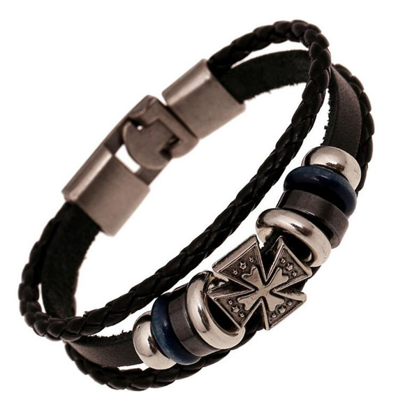 Cross Flower Skull Genuine Leather Bracelet Multi-layer Woven Bead Buckle Bracelet Vintage Punk Bracelet For Men Women Friendship Jewelry