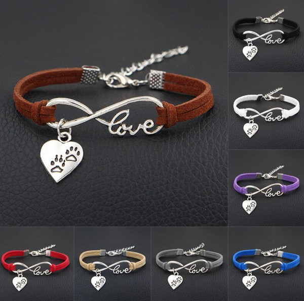 Vintage Silver Bear Cat Dog Paw Print Heart Charms Bracelet Bangle For Men Women Mixed Color Velvet Rope Friendship Cuff Bracelets Jewelry