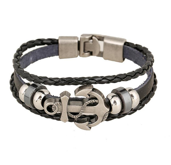 Anchor Alloy Genuine Leather Bracelet Multi-layer PU Woven Bead Buckle Bracelet Vintage Punk Bracelet For Men Women Friendship Jewelry Gift