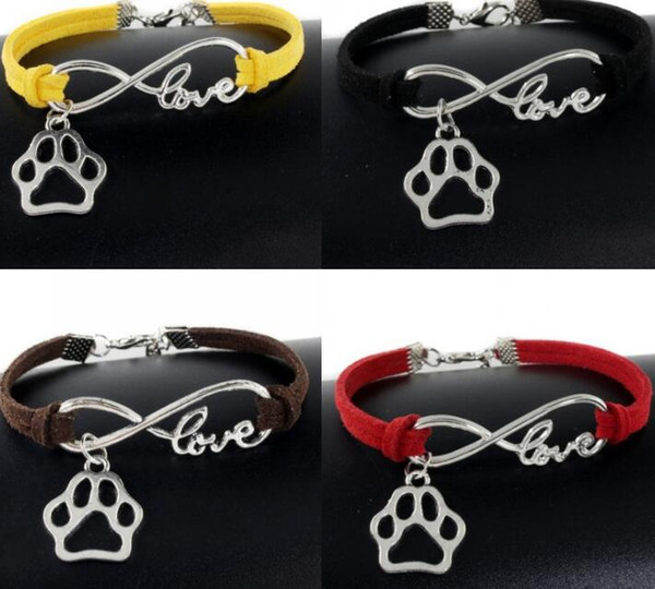 Vintage Silver LOVE Infinity Charms Cat Dog Paw Prints Bracelet Bangle For Women Mixed color Velvet Rope Bracelets Jewelry Gifts 20pcs