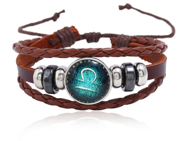 12 Constellation Charm Bracelet Bangle Zodiac Punk Adjustable Multi-layer Lovers Hand Woven Brown Leather Bracelet For Men Women Jewelry