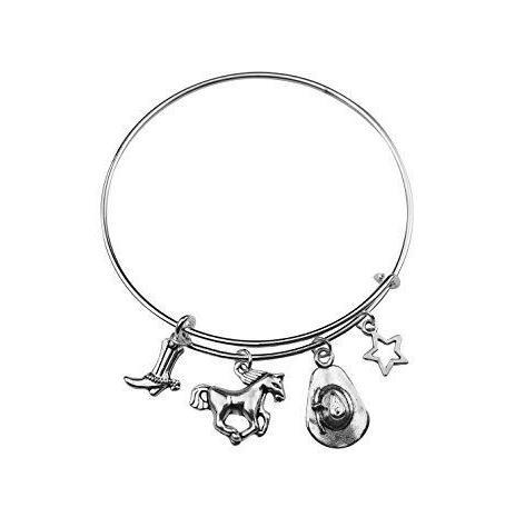 Cowgirl Cowboy Boots Horse Star Charms Bangles Expandable Wire Bracelet Bangles For Women Jewelry Gift Vintage Silver Adjustable Bangle