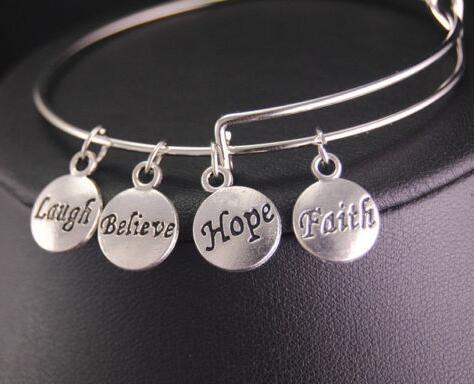 Vintage Silver Laugh Believe Hope Faith Charms Bangle Expandable Wire Bracelet Bangles For Women Jewelry Gift Adjustable