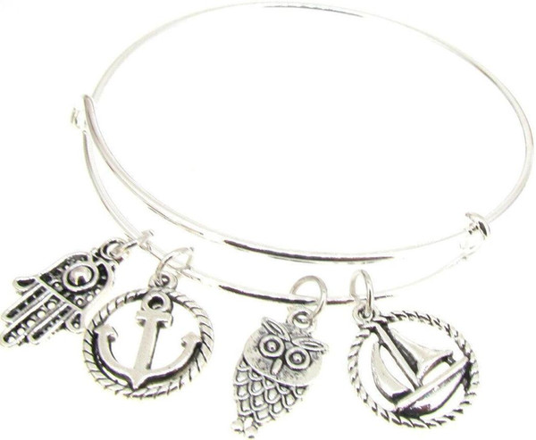 Vintage Silver Hamsa hand Sailboat Anchor Owl Charms Expandable Wire Bracelet Craft Wedding Cuff Bangles For Women Jewelry Accessories NEW