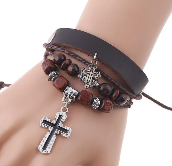 Christian Cross Charm Bracelet Bangle Punk Adjustable Woven Multi-layer Wooden Beads Genuine Leather Bracelet For Women Jewelry Fashion Gift