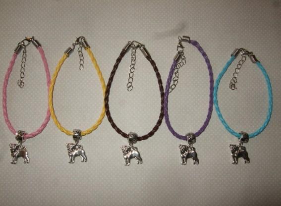 Vintage Silver Pug Dog Charms Bracelets Pendants Mixed Color Leather Good Luck Bracelet &Bangle For Women Fashion Jewelry Accessories 100PCS