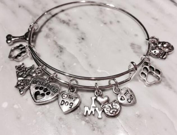 Vintage Silver Dog Paw Print I Love My Cat Dog Bones Heart Charm Cuff Wedding Bangles Expandable Wire Bracelets For Women Jewelry NEW