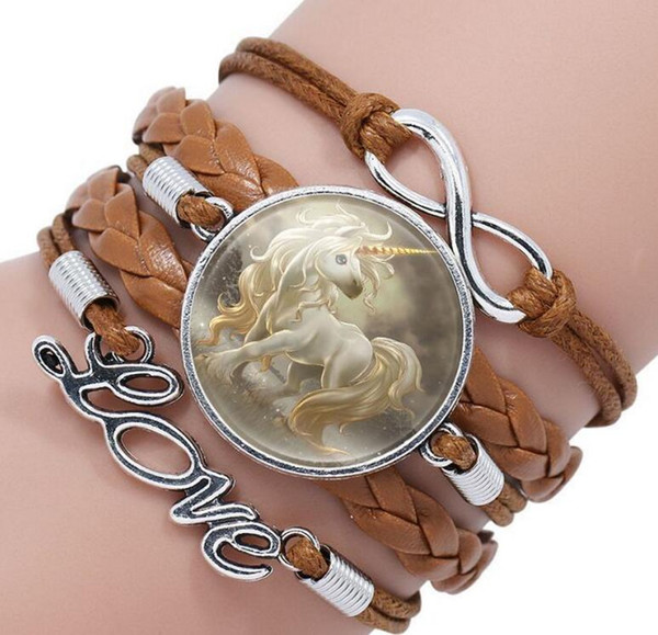 Unicorn Multilayer Woven Bracelet Time Gem Flying Horse Cartoon Bracelet Children Friendship Leather Charm Infinity Bracelet Jewelry Gift