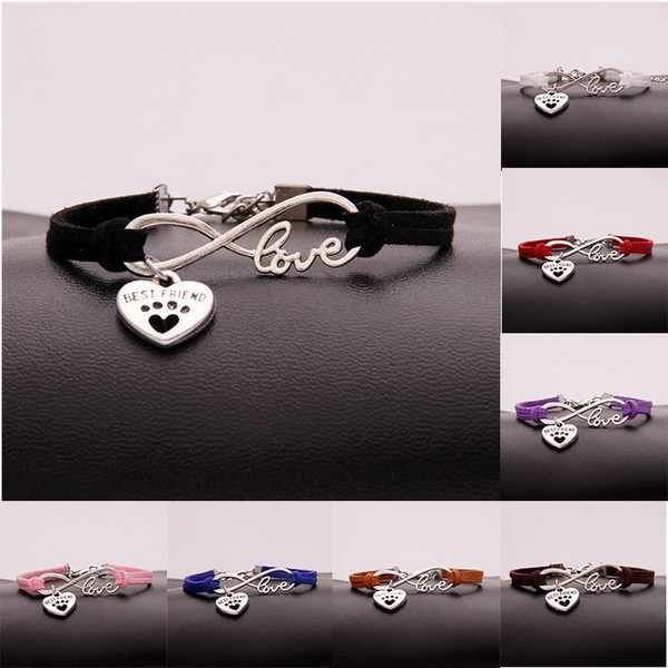 Vintage Silver LOVE Infinity Best friend Peach Heart Bracelet dog paw prints Bangle For Men Women Velvet Rope Cuff Bracelets Jewelry Gift