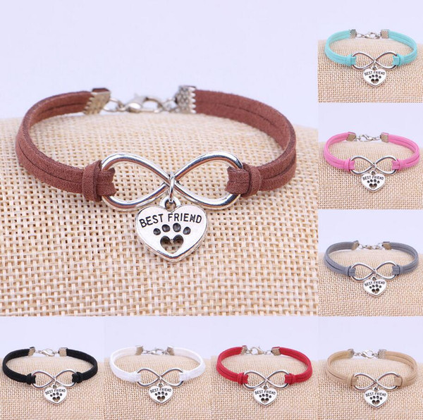 Vintage Silver Cat Dogs Paw Best Friend Heart Charms Bracelet Bangle For Men Women Mixed Color Velvet Rope Friendship Cuff Bracelets Jewelry