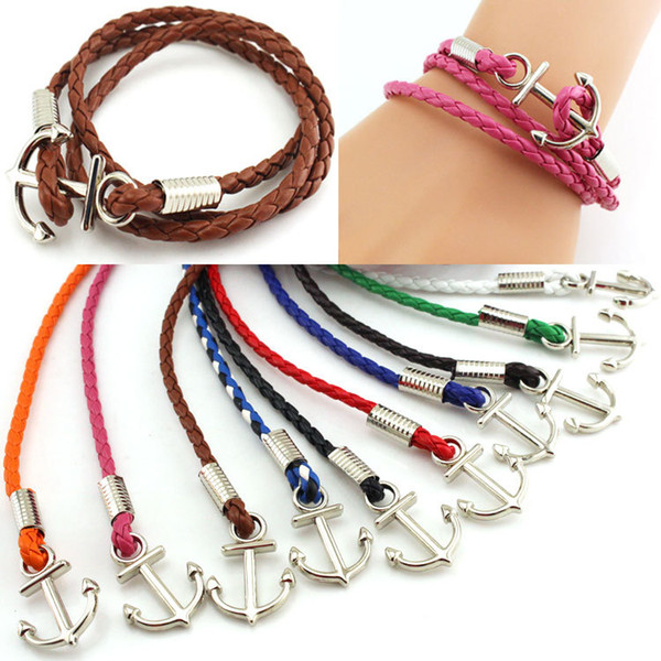 Navy style Multilayer Braided Leather Charms Bracelet For Women Vintage Silver Anchor Braid Rope Wraps Bracelets Statement Jewelry Fashion