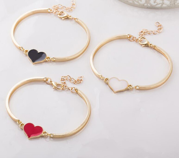 Antiqued Gold Love Heart Flowers Bracelet Bangle Girl Fashion Jewelry Alloy Black White Red Pendant Chain & Link Bracelets For Women Gifts