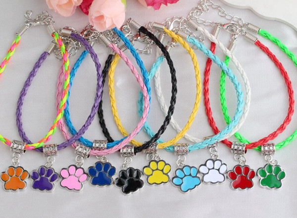 Enamel Cat Dog Paw Print Charm Bracelets Mixed Woven Leather Jewelry Dangle Bracelet &Bang For Men Women Jewelry Findings Friendship Gift