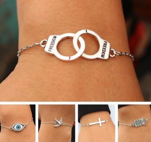 Vintage Silvers Handcuffs Cross Owl Bird Wing Love Evil Eye Infinity Charms Bracelet&Bangles For Women Fashion Jewelry Gifts Accessories