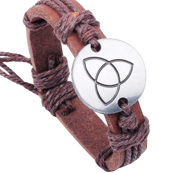 Vintage Silver Metal Triangle Knot Bracelet Adjustable Wax Cord Cuff Weave Wrap Genuine Leather Bracelet Bangle Men Jewelry Fashion Gift new