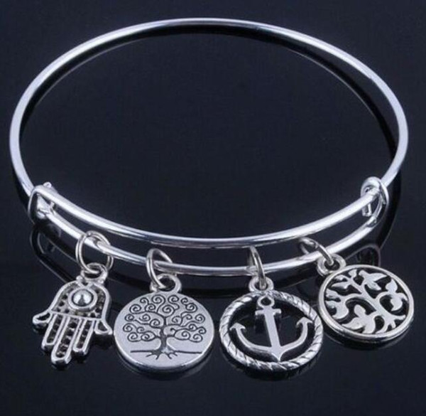 Vintage Silver Life Tree Rudder Anchor Charms Expandable Wire Bracelet Cuff Bangles Women Wristband Jewelry Handmade Accessories DIY Gifts