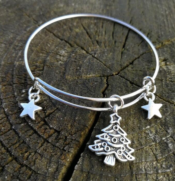 Vintage Silver Christmas Tree and Stars Charms Expandable Wire Bracelet Bangles For Women Fashion Jewelry Crafts Adjustable Bangles Gift NEW