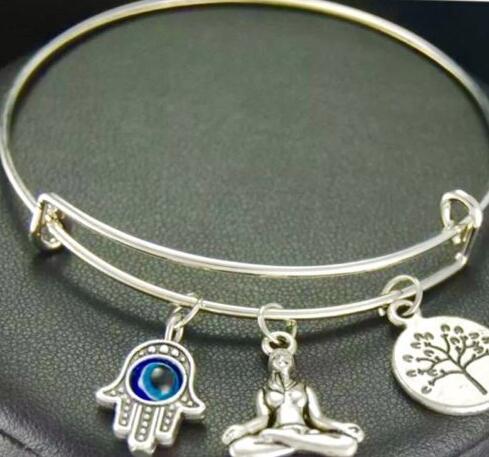 Vintage Silver Evil Eye Hamsa Hand Tree of Life Buddha Charms Expandable Wire Bracelet Bangles For Women Jewelry Crafts Adjustable Bangles