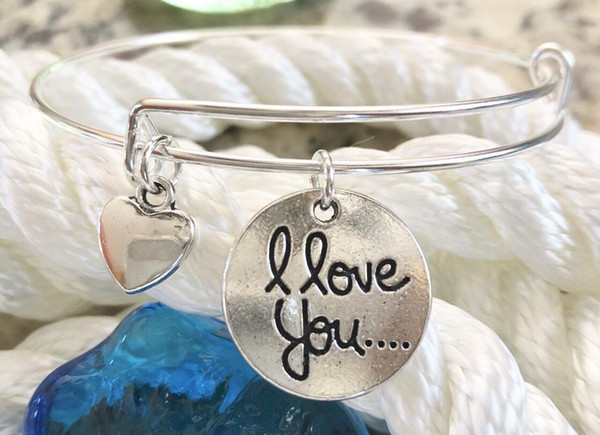 Vintage Silver I Love You Heart Bangles Expandable Wire Bracelet Punk Wedding Cuff Charms Bangles For Women Jewelry Fashion Gift Bijoux