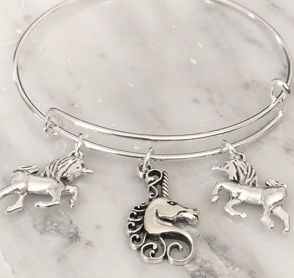 Vintage Silver horse Unicorns Charms Bangles Expandable Wire Bangles Bracelet For Women Fashion Jewelry Gift Handmade Bijoux Accessories