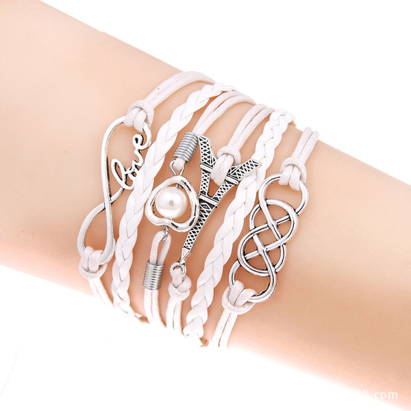 Mutilayer Braided Leather Bracelet Handmade Vintage Silver Love Infinity Tower Heart Pearl Bracelets Double 8 Word Charm Bracelets Jewelry