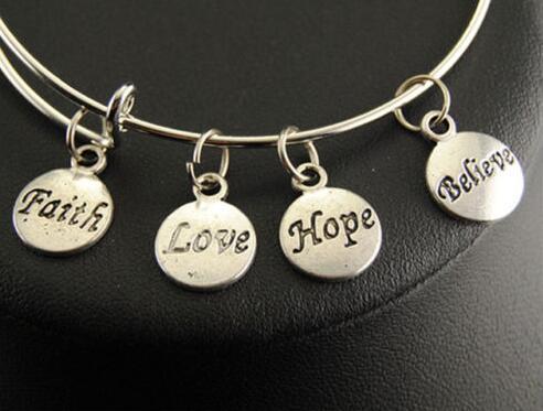 Vintage Silver Faith Love Hope Believe Charms Bangle Expandable Wire Charm Bracelet Bangles For Women Jewelry Fashion Craft Gift Adjustable