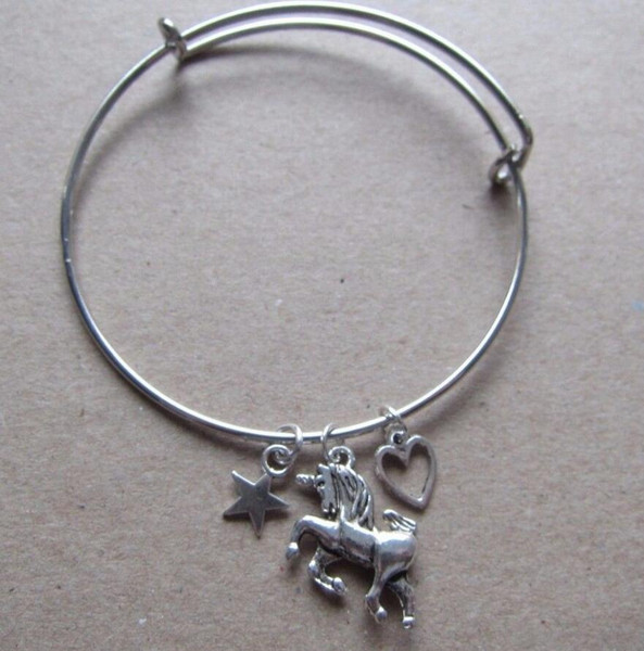 Vintage Silver Unicorn Cluster Star Heart Charms Expandable Wire Bracelet Bangles For Women Fashion Jewelry Craft Adjustable Accessories NEW