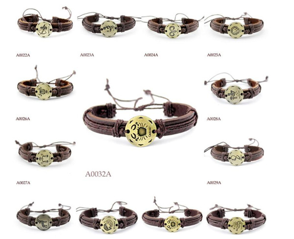 Twelve Constellations Cowhide Leather Weave Bracelets Wrap Bracelets Vintage Bronze Zodiac Punk Bracelet For Men Fashion Jewelry Gift DIY