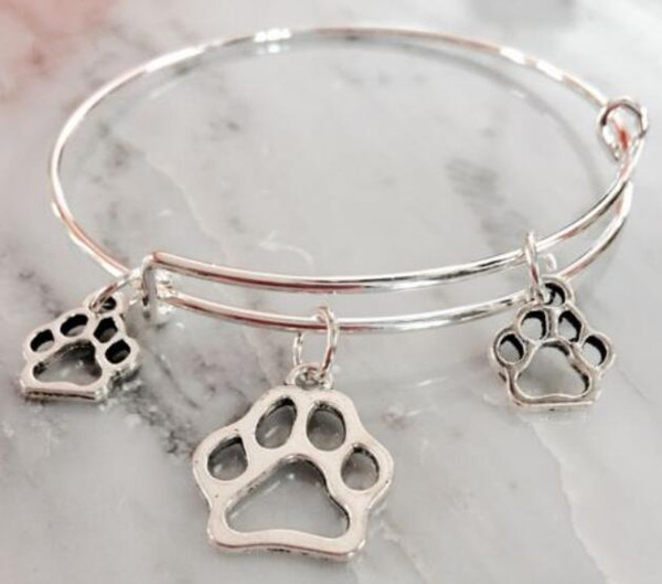 Vintage Silver 3 Hollow Cat Dog Paw Print Charms Expandable Wire Bracelet Wedding Cuff Bangles For Women Jewelry Accessories NEW