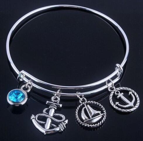 Anchor Blue Crystal Sail Boat Love Sea Charms Bangles Expandable Wire Bracelet Bangles For Women Jewelry Vintage Silver Adjustable Bangle