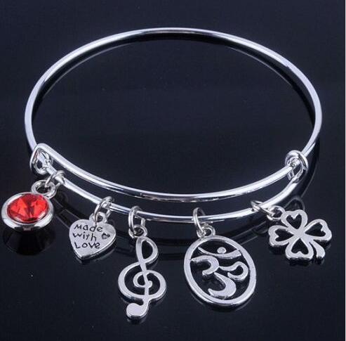 Vintage Silver Musical Note Four Leaf Clover Red Crystal Heart OM Charms Expandable Wire Bracelet Bangles For Women Jewelry Gift Adjustable