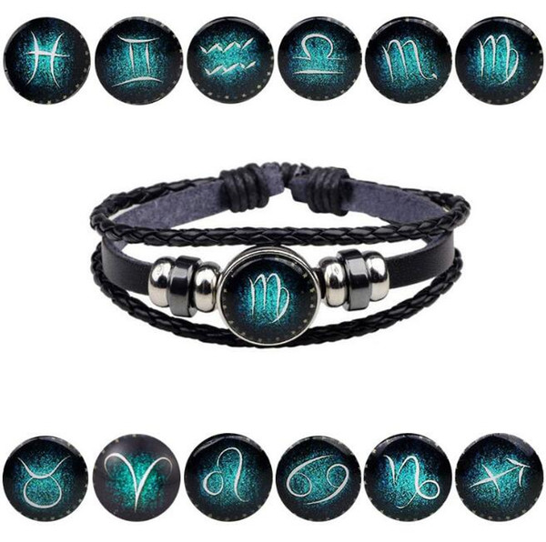 12 Constellation Charm Bracelet Bangle Zodiac Punk Adjustable Multi-layer Lovers Hand Woven Leather Bracelet For Men Women Jewelry Gift